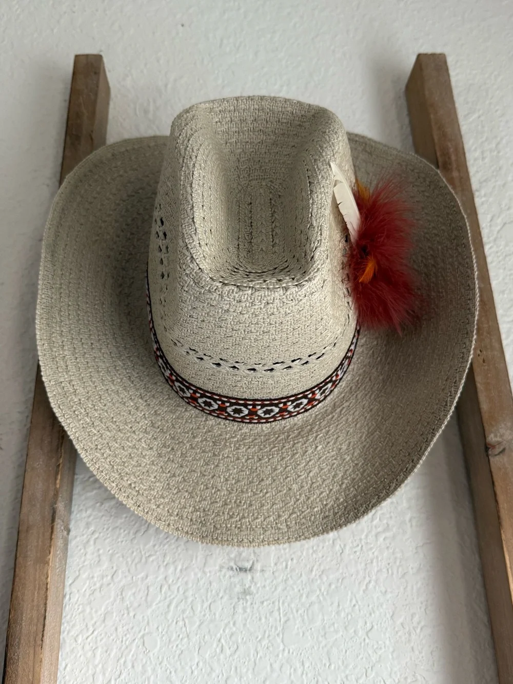 Boutique Kids Straw Cowboy Hat with Aztec Geometric Band & Feather NWOT